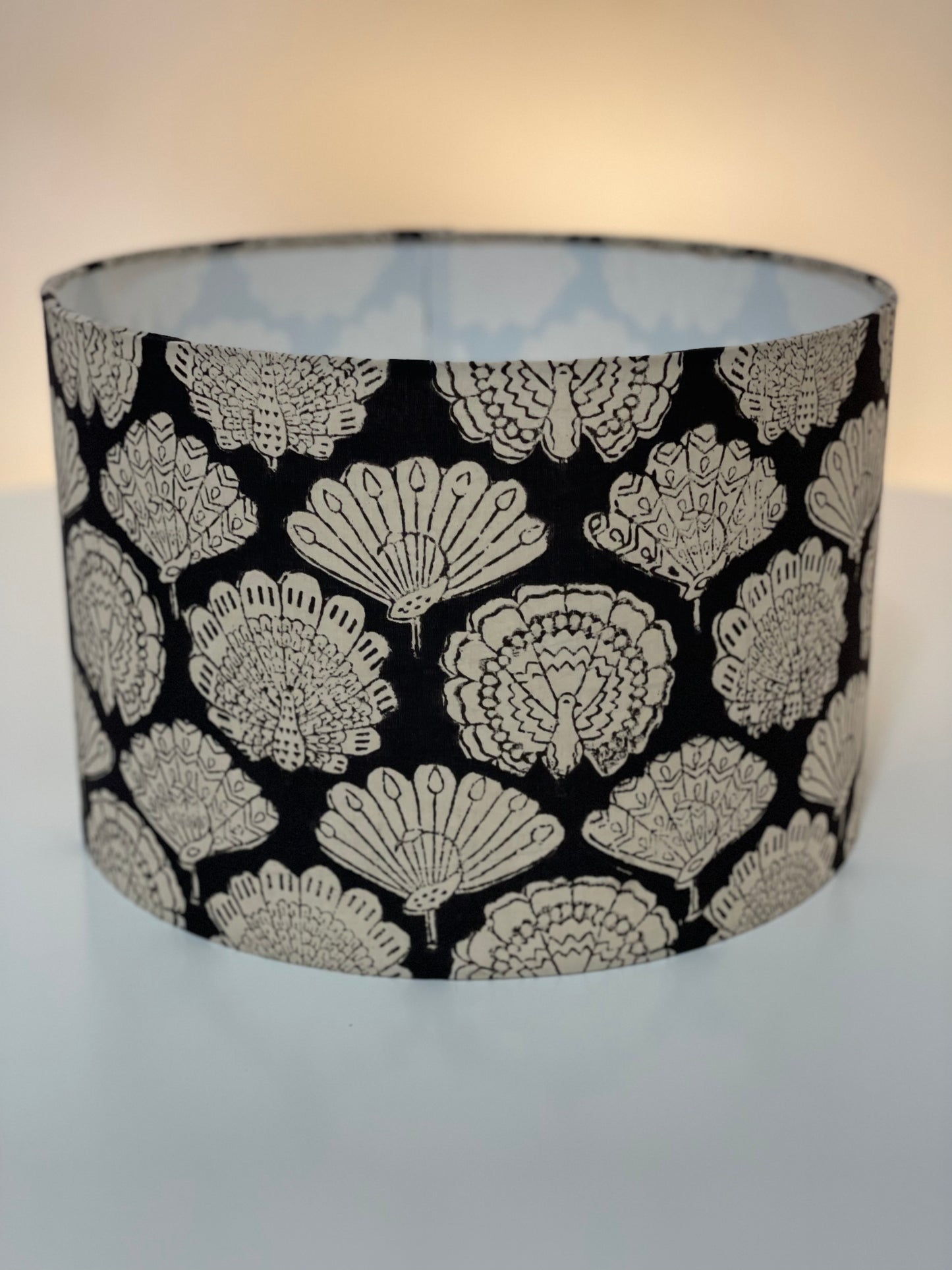 12 Inch Drum Lampshade. Indian Hand Block Print. Black with Ivory Peacock Motif.