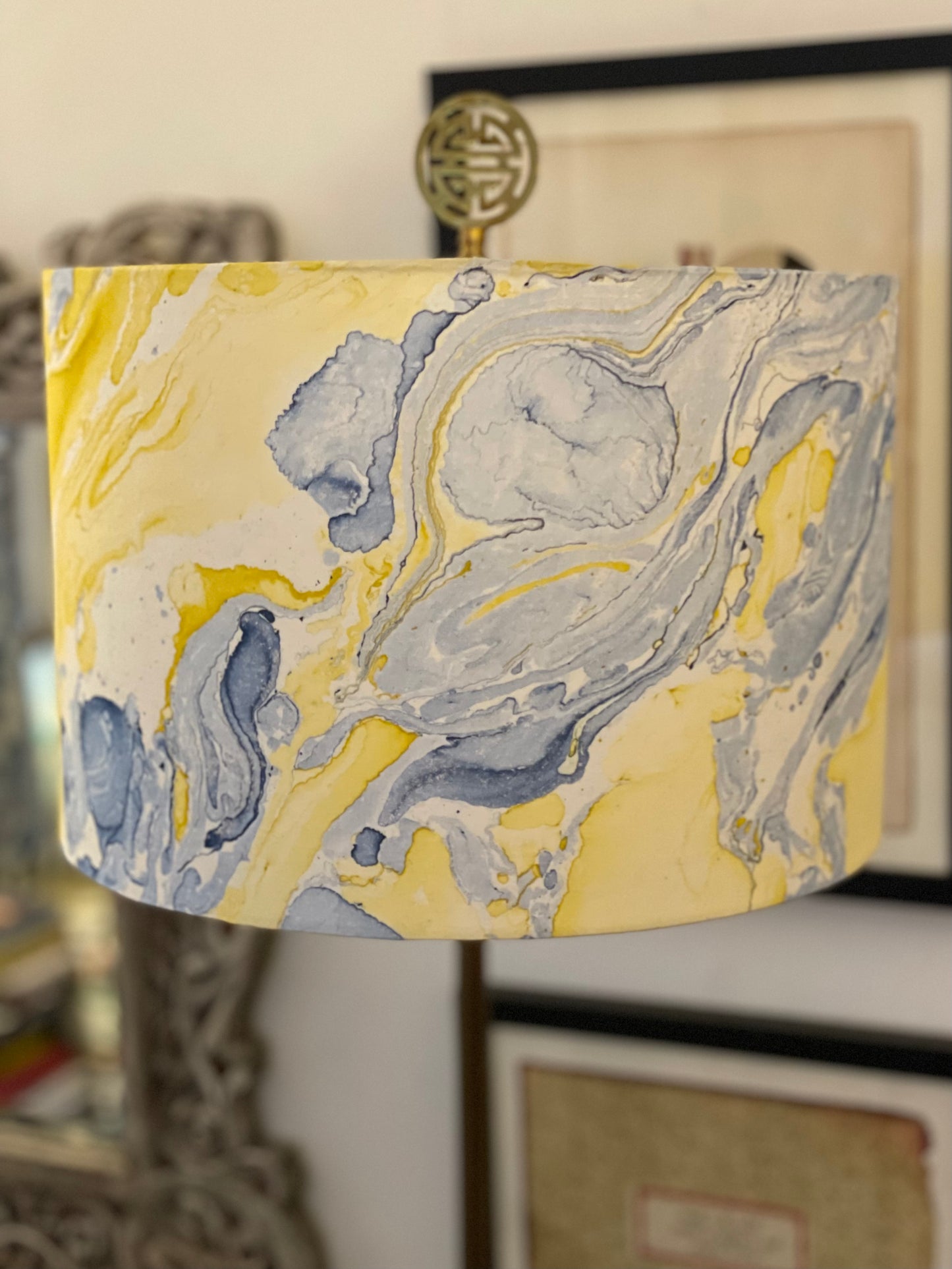 12 Inch Drum Lampshade. Indian Hand Marbled Fabric. Blue, Yellow, Ivory.