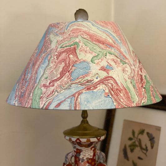 Large Conical Lampshade. Indian Hand Marbled Fabric. Blue, Green, Red, Ivory.