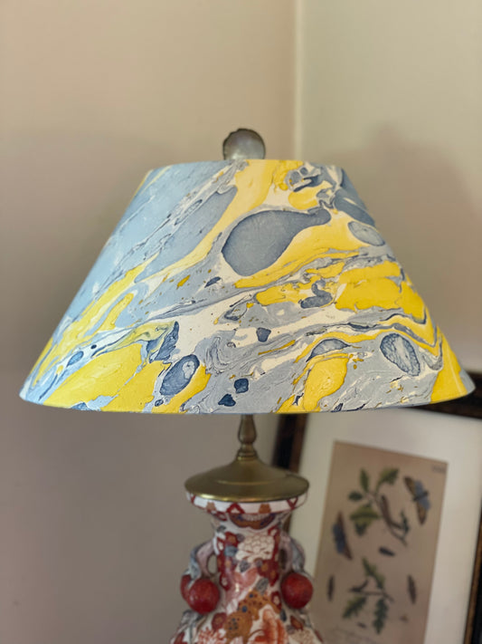 Large Conical Lampshade. Indian Hand Marbled Fabric. Blue, Yellow, Ivory.
