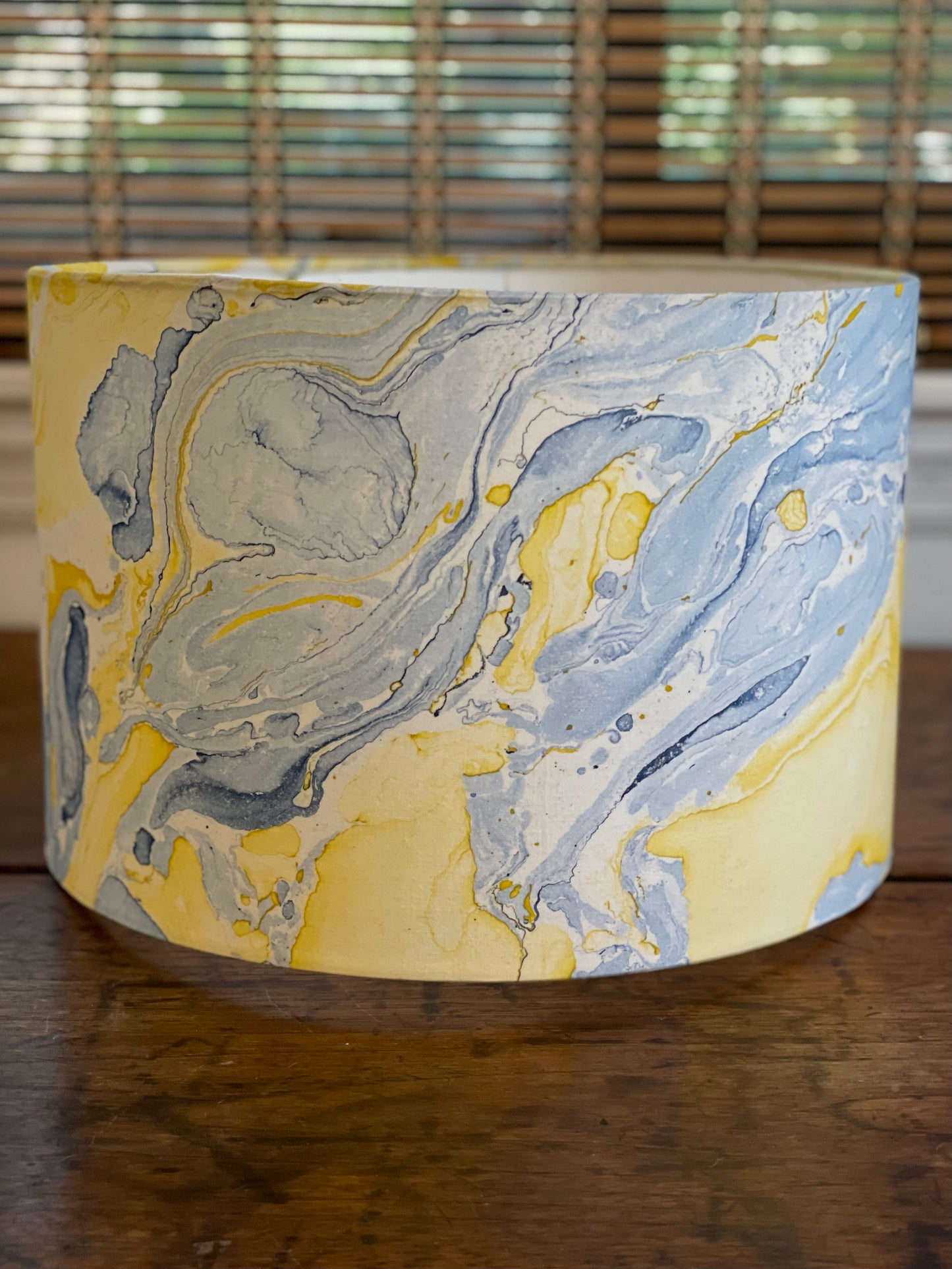 12 Inch Drum Lampshade. Indian Hand Marbled Fabric. Blue, Yellow, Ivory.