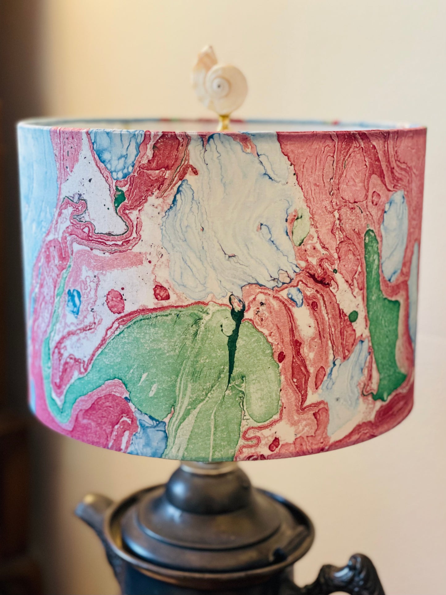 10 inch Drum Lampshade. Indian Hand Marbled Fabric. Blue, Green, Red, Ivory.