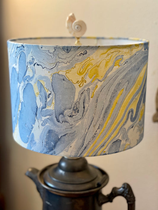 10 inch Drum Lampshade. Indian Hand Marbled Fabric. Blue, Yellow, Ivory.