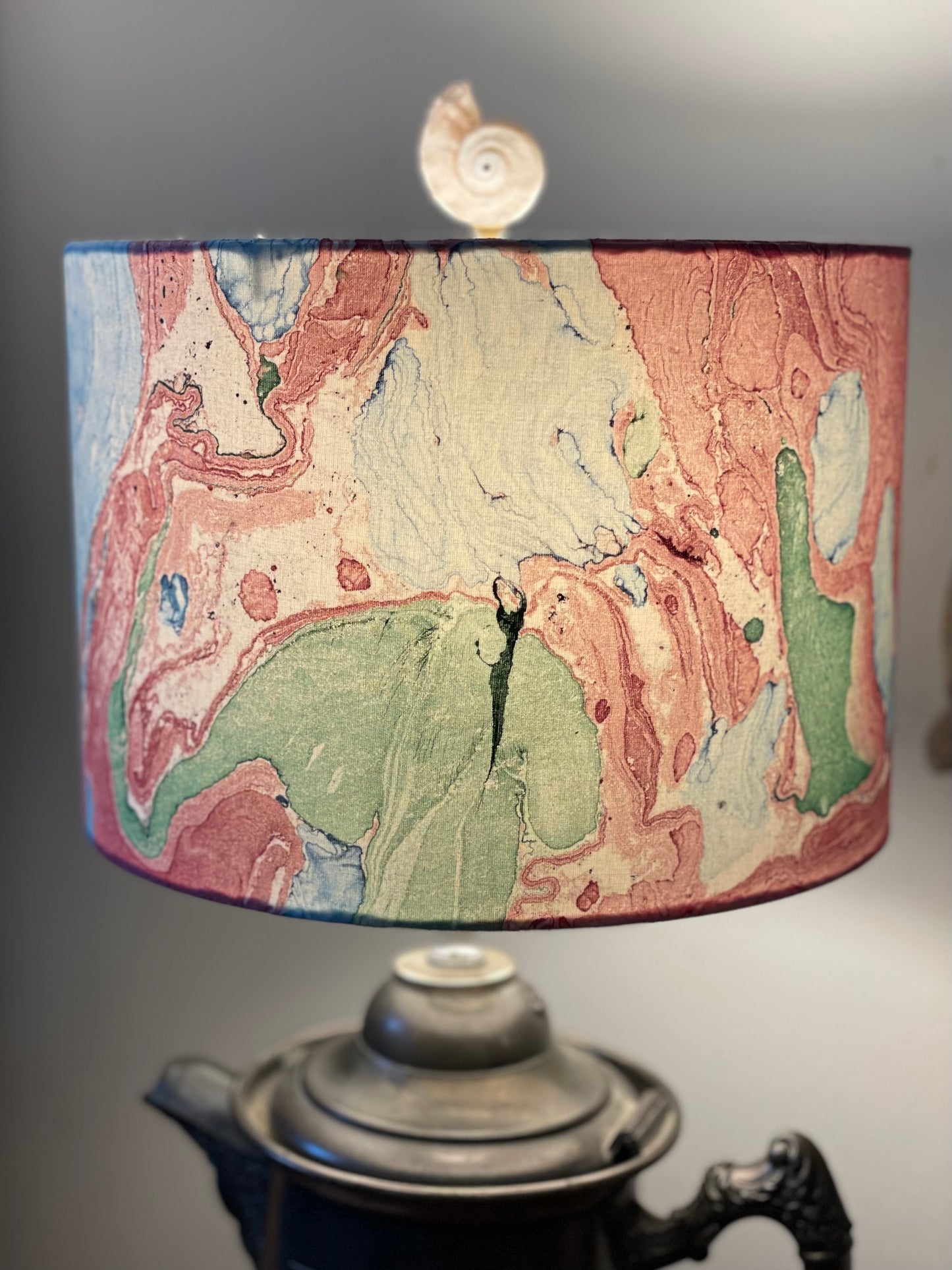 10 inch Drum Lampshade. Indian Hand Marbled Fabric. Blue, Green, Red, Ivory.