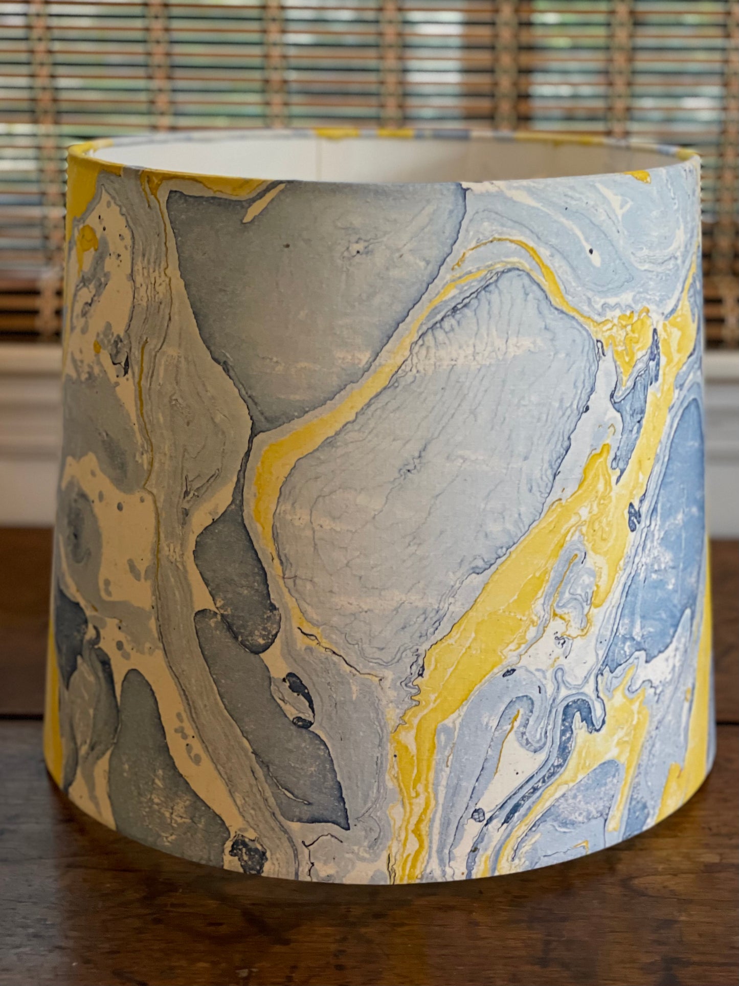 Large Empire Shade. 11.75 x 13.75 x 11.75. Indian Hand Marbled Fabric. Blue, Yellow, Ivory.
