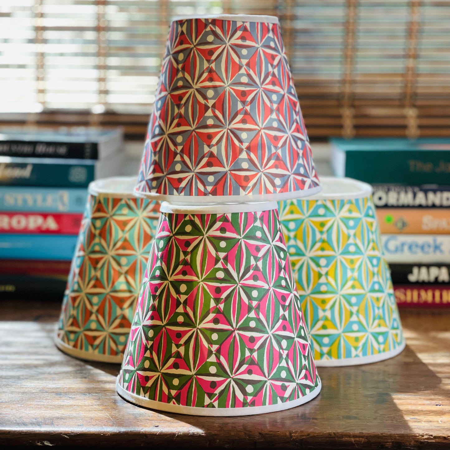 Small Clip-On Lampshade. Patterned Paper from England. "Kaleidoscope" Pink and Green. White Trim.