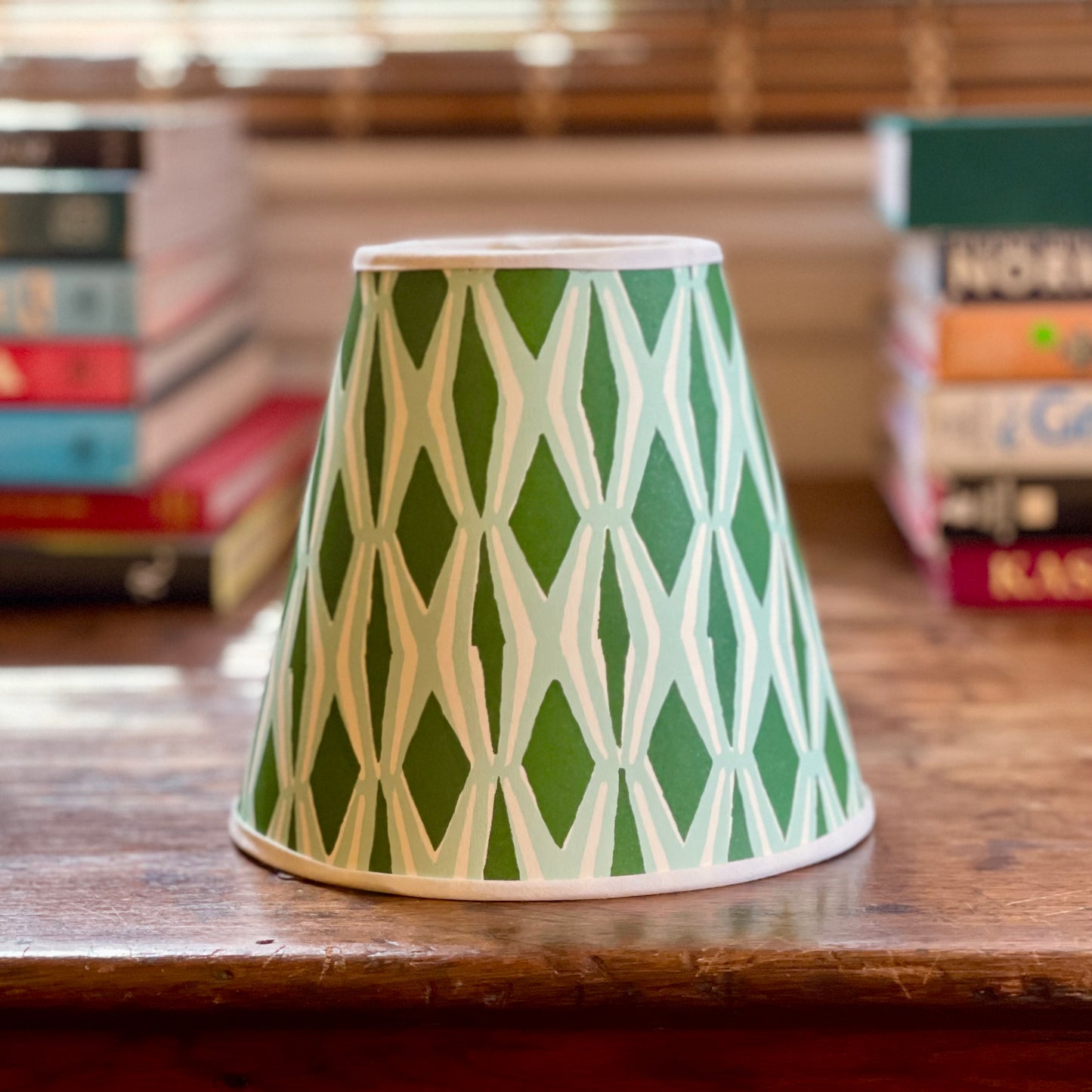 Small Clip-On Lampshade. Patterned Paper from England. "Smocking" Jade and Forest Green. White Trim.