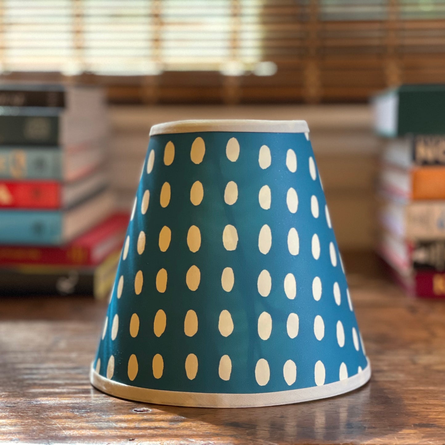 Small Clip-On Lampshade. Patterned Paper from England. "Bean" in Kingfisher. White Trim.
