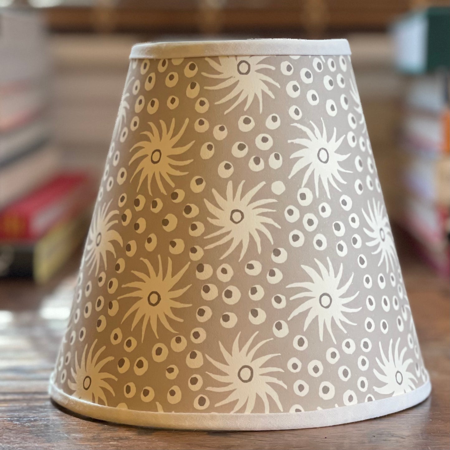Small Clip-On Lampshade. Patterned Paper from England. "Milky Way" Smoke. White Trim.