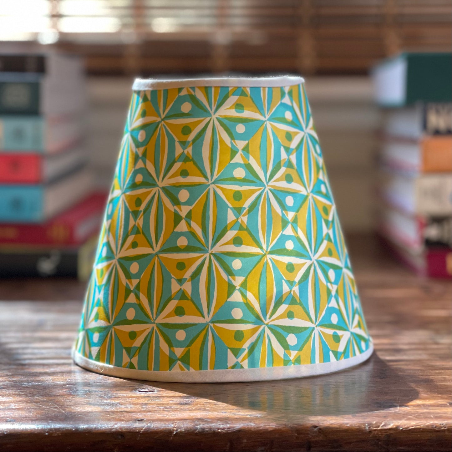 Small Clip-On Lampshade. Patterned Paper from England. "Kaleidoscope" Yellow and Turquoise. White Trim.