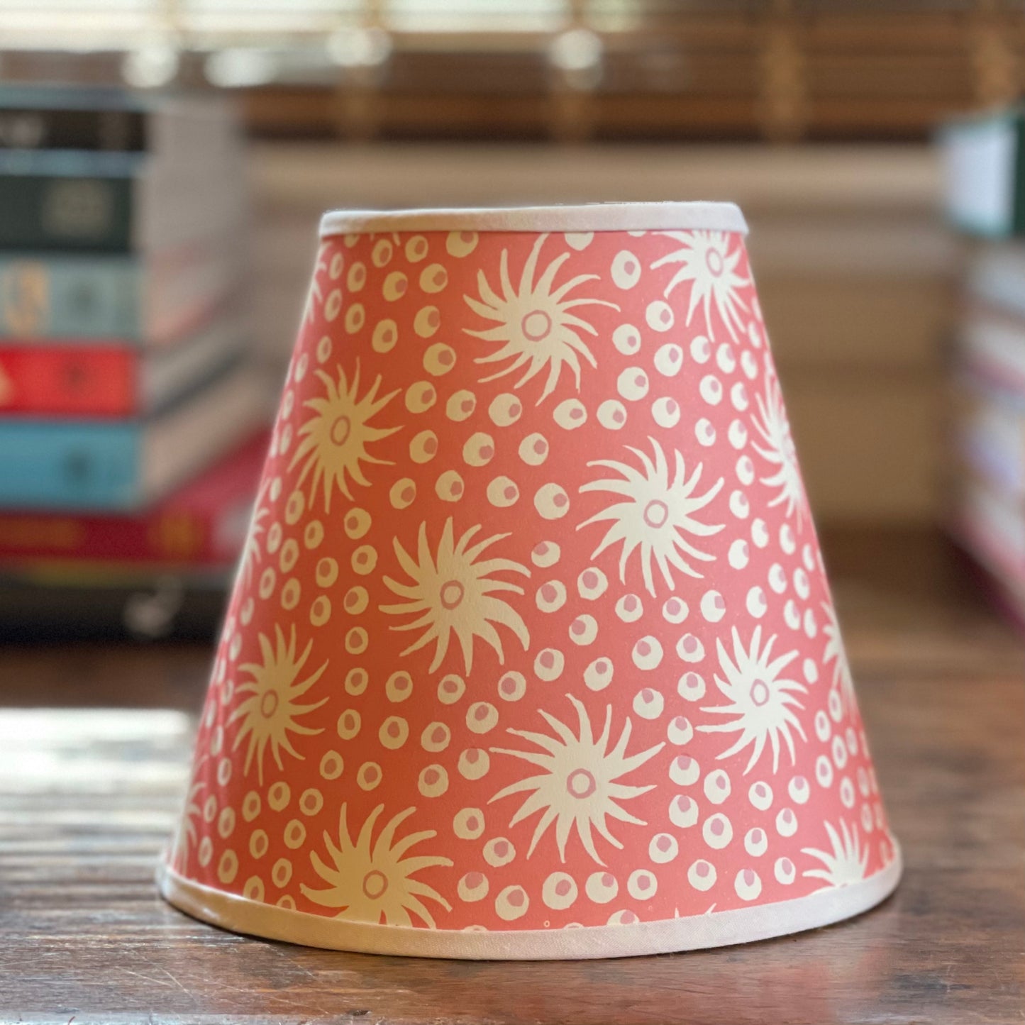 Small Clip-On Lampshade. Patterned Paper from England. "Milky Way" Old Red and Pink. White Trim.