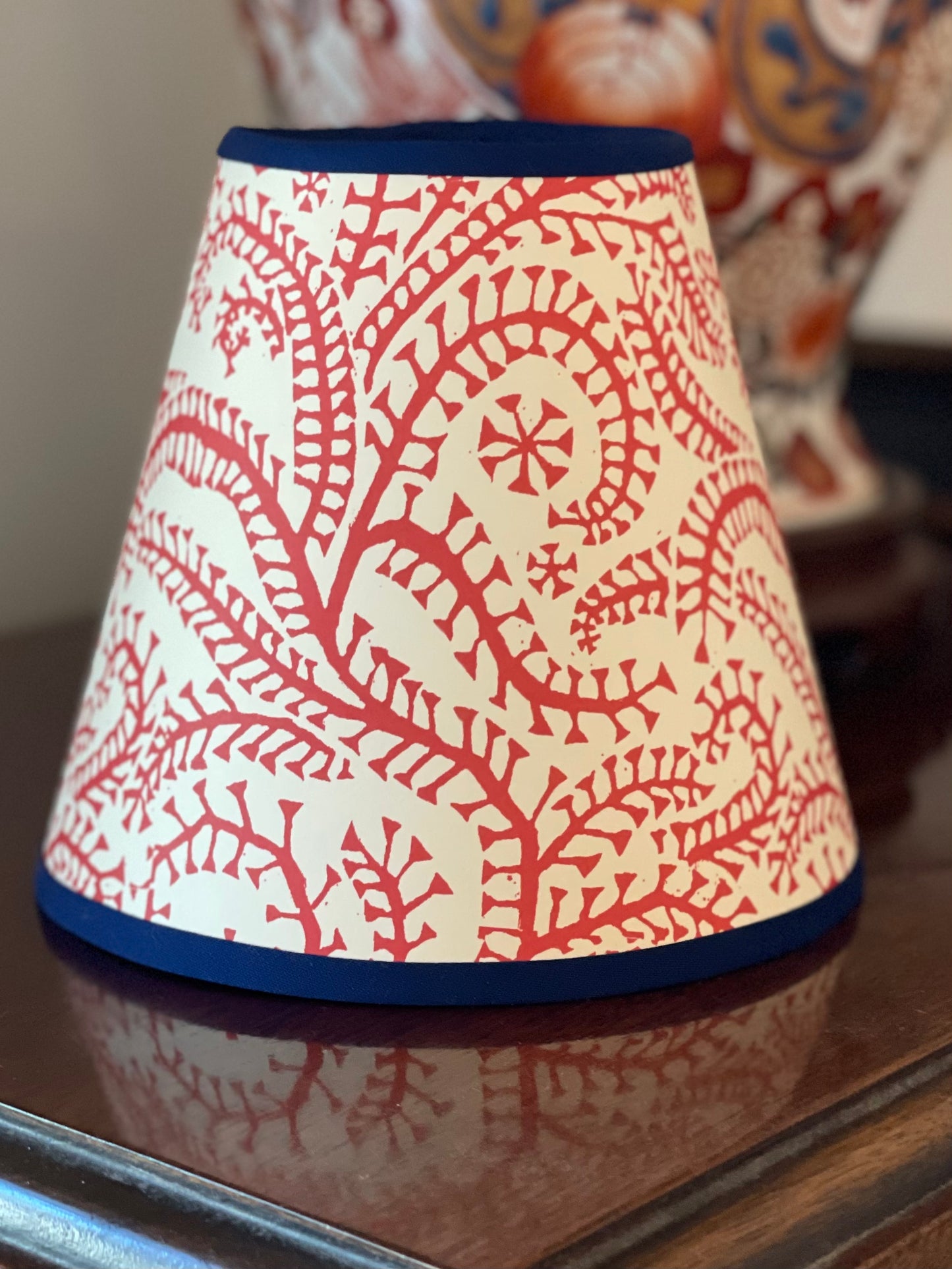 Small Clip-On Lampshade. Patterned Paper from England. "Seaweed Paisley" Crimson. Navy Trim.