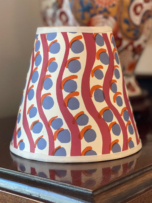 Small Clip-On Lampshade. Patterned Paper from England. "Charleston Scumble"  Maroon, Blue, Umber on Ivory. White Trim.