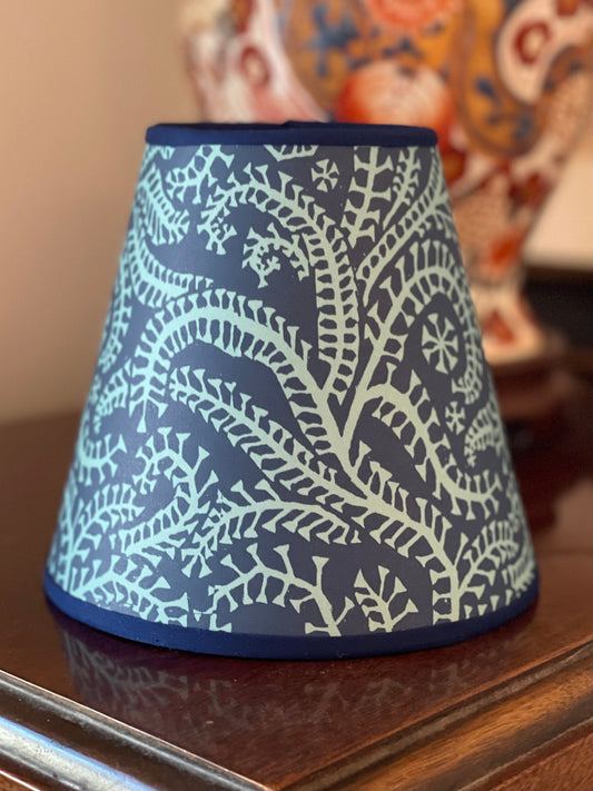 Small Clip-On Lampshade. Patterned Paper from England. "Seaweed Paisley" Cyanotype. Navy Trim.