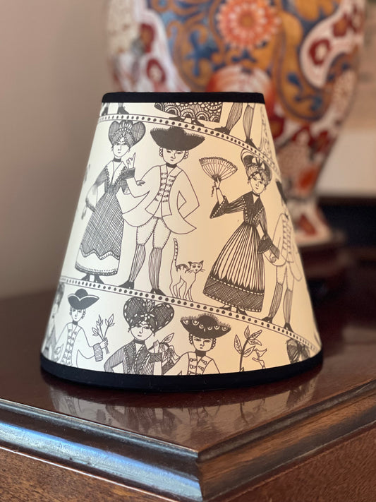 Small Clip-On Lampshade. Patterned Paper from England. "Ladies and Gentlemen" Black and Ivory. Black Trim.