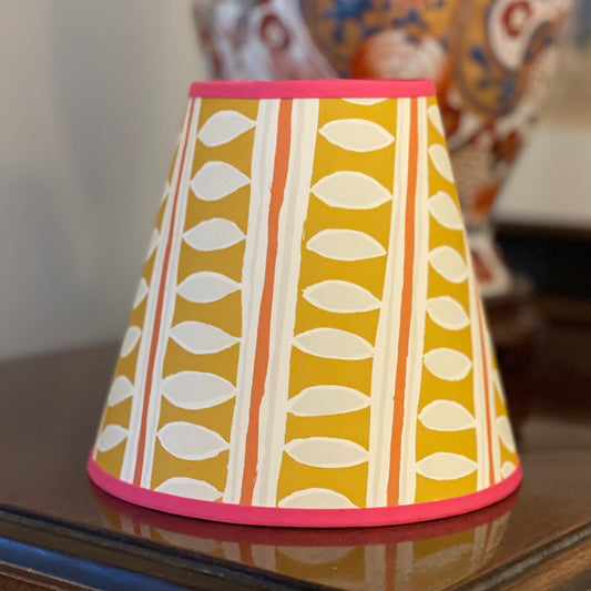Small Clip-On Lampshade. Patterned Paper from England. "Charleston Stripe"  Yellow, Orangy-Red on Ivory. Hot Pink Trim.