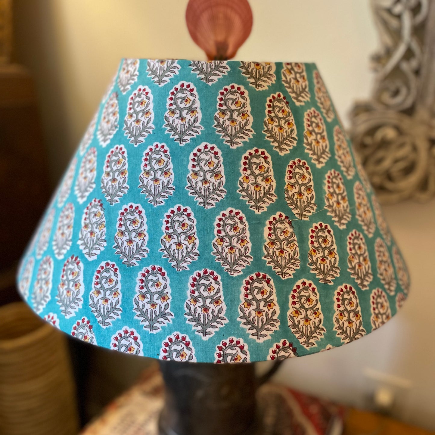 Large Conical Lampshade. Indian Hand Block Print from Jaipur. Turquoise with Crimson, Ochre and Taupe Floral Motif.
