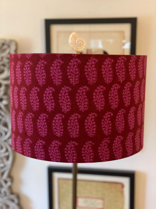 12 Inch Drum Lampshade. Bagh Indian Hand Block. Plum and Deep Rose Paisley.