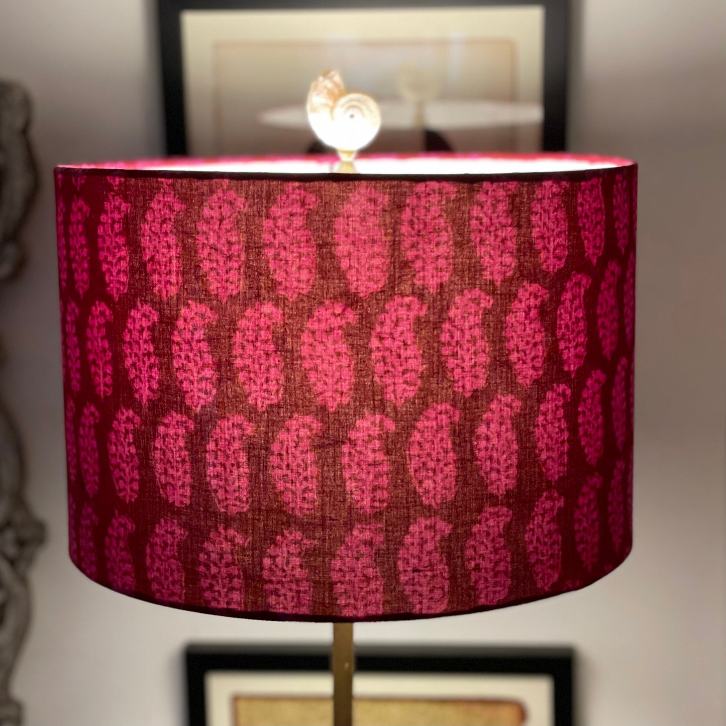 12 Inch Drum Lampshade. Bagh Indian Hand Block. Plum and Deep Rose Paisley.