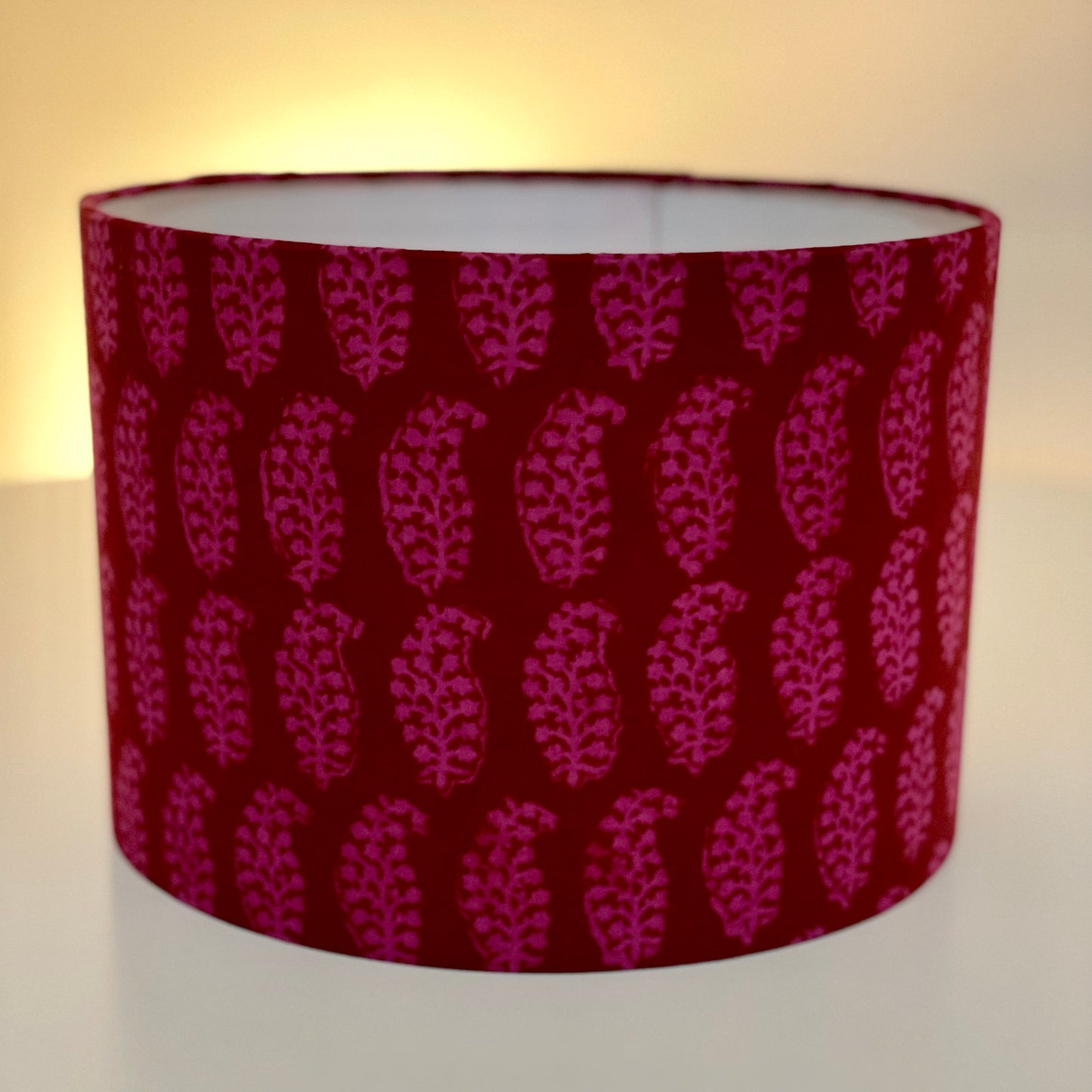10 inch Drum Lampshade. Bagh Indian Hand Block. Plum and Deep Rose Paisley.