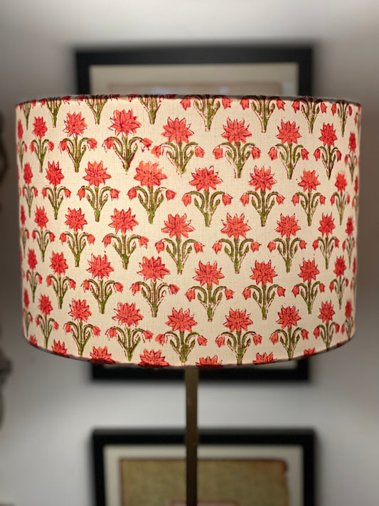 12 Inch Drum Lampshade. Indian Block Print. Carmine Pink and Olive Green Floral on Ivory.