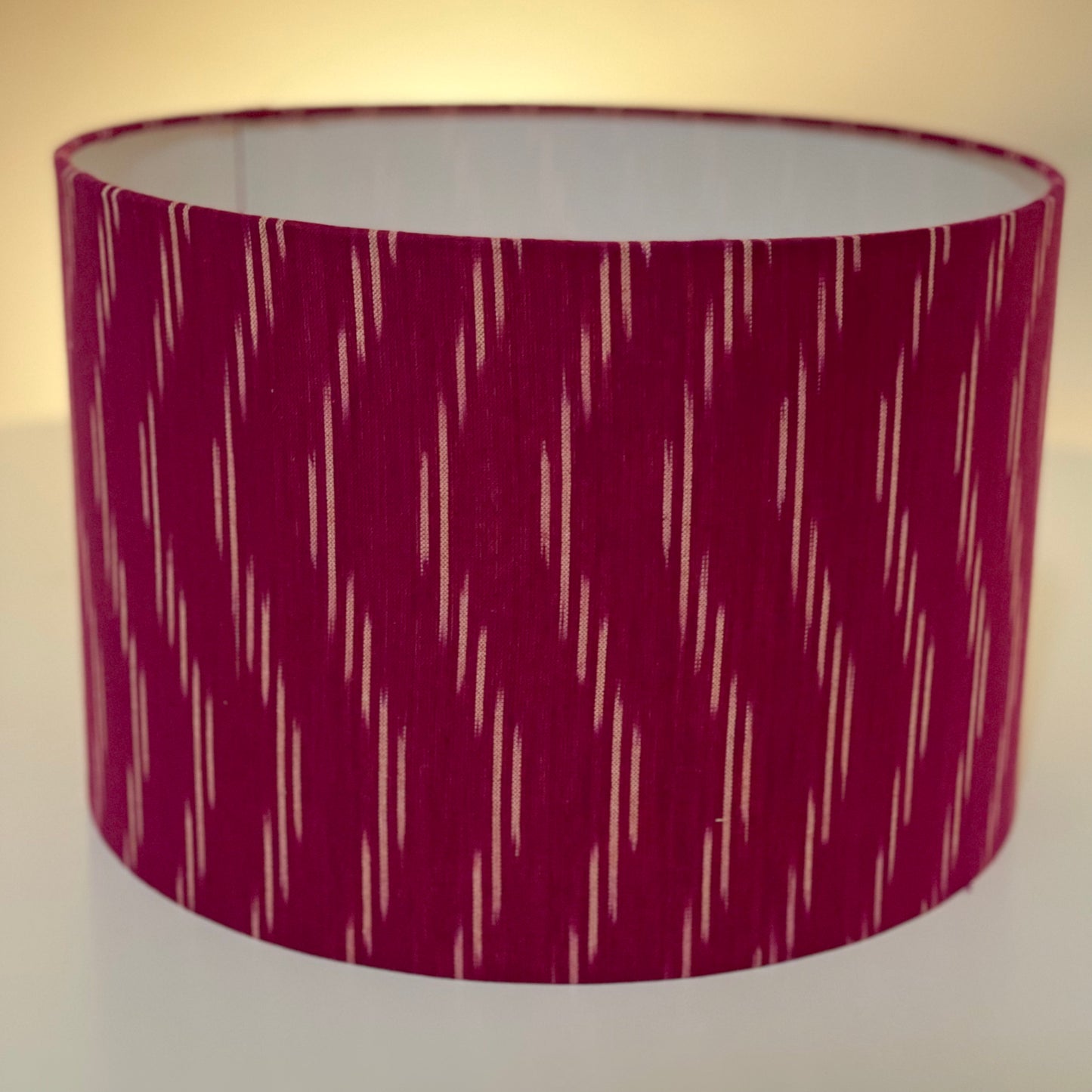 12 Inch Drum Lampshade. Indian Pochampally Ikat Weave Cotton Fabric. Plum and Ivory.
