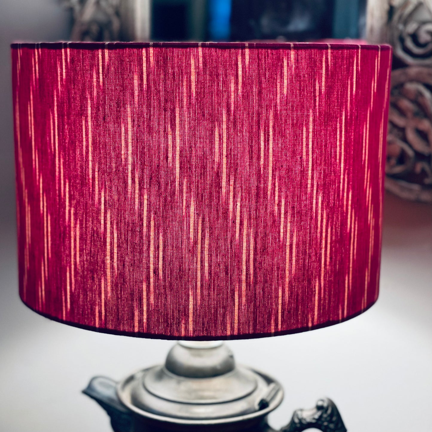 12 Inch Drum Lampshade. Indian Pochampally Ikat Weave Cotton Fabric. Plum and Ivory.