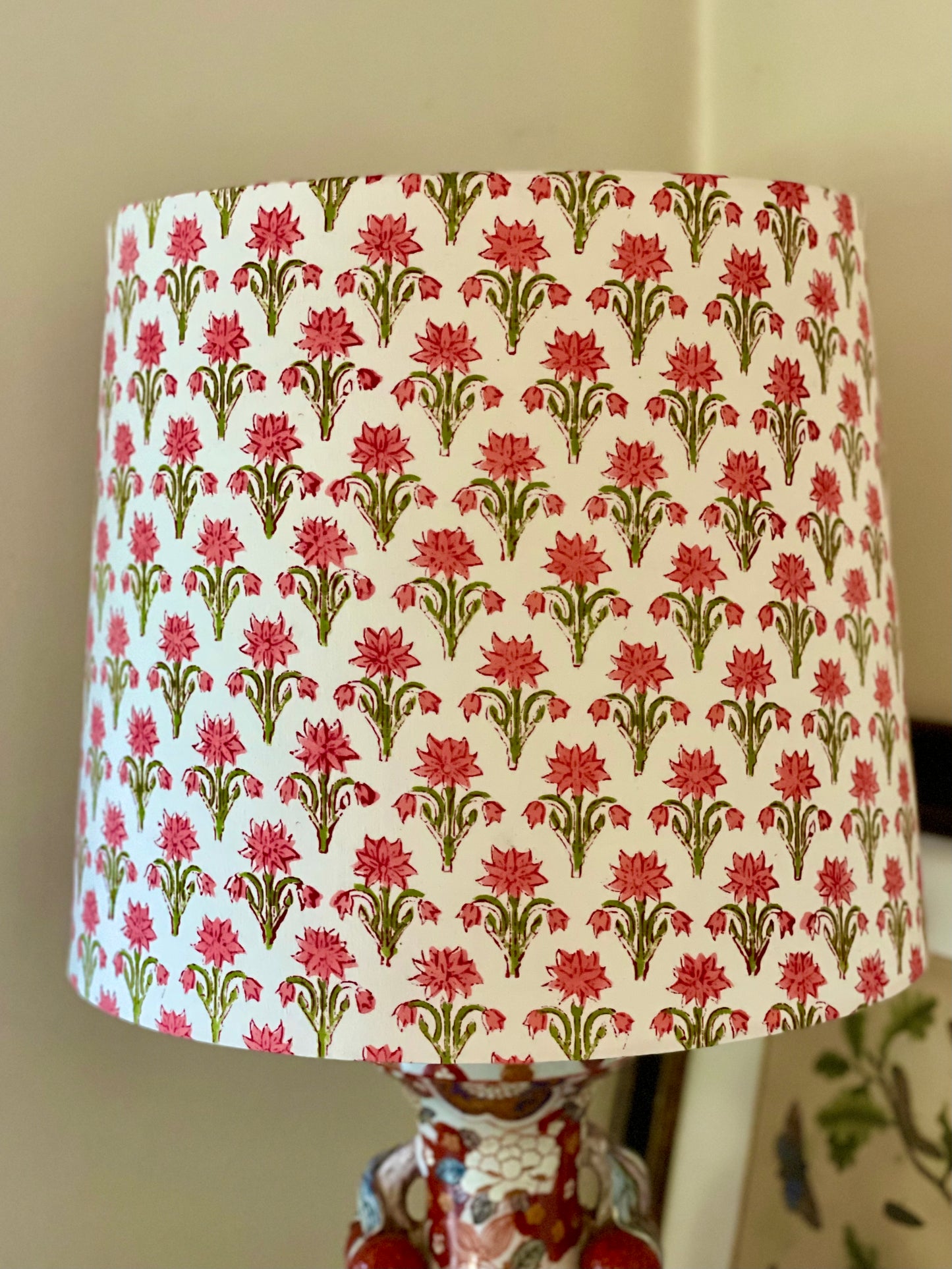 Large Empire Shade. 11.75 x 13.75 x 11.75. Indian Block Print. Carmine Pink and Olive Green Floral on Ivory.