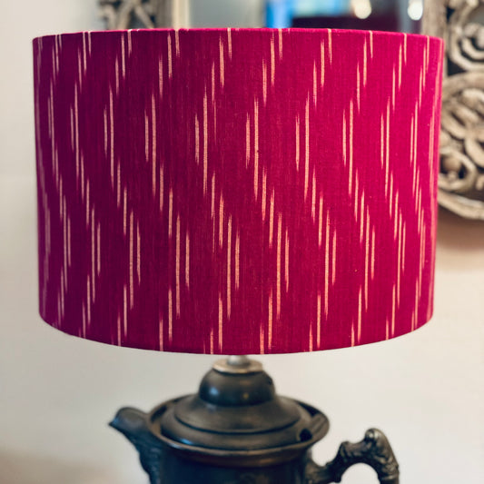 12 Inch Drum Lampshade. Indian Pochampally Ikat Weave Cotton Fabric. Plum and Ivory.