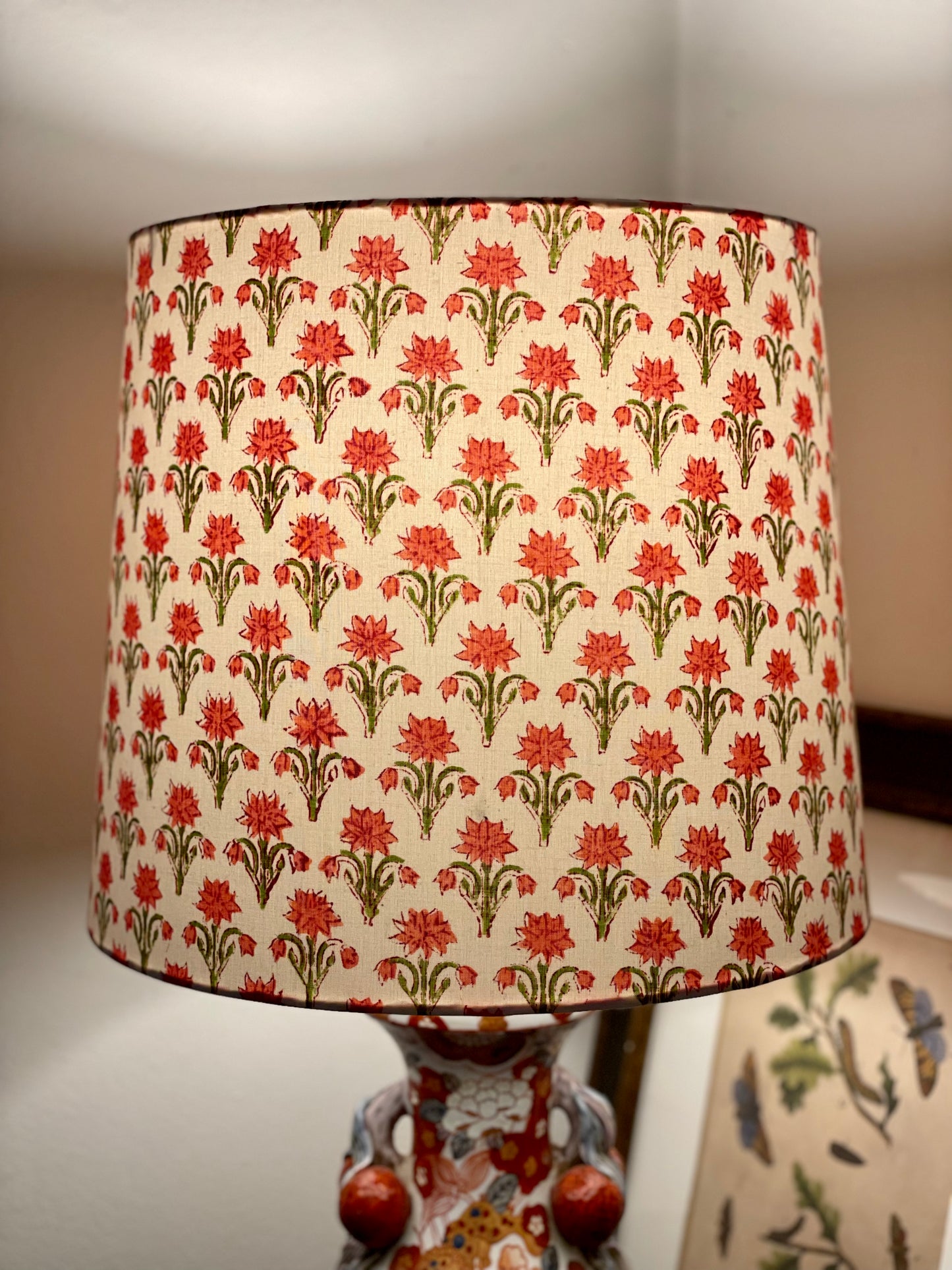 Large Empire Shade. 11.75 x 13.75 x 11.75. Indian Block Print. Carmine Pink and Olive Green Floral on Ivory.