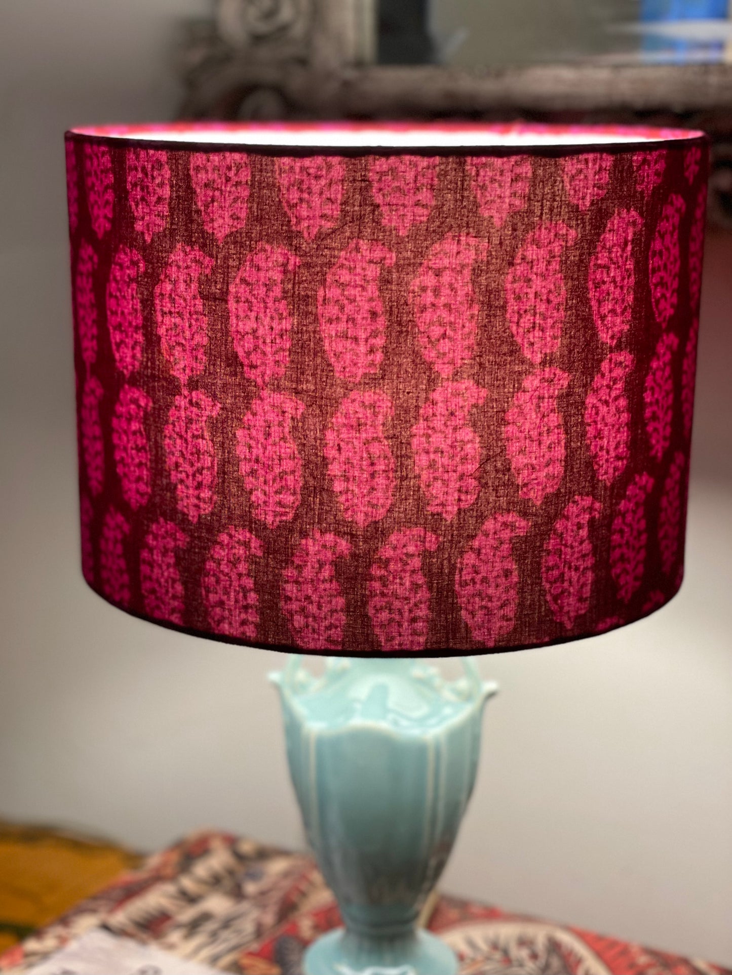 10 inch Drum Lampshade. Bagh Indian Hand Block. Plum and Deep Rose Paisley.