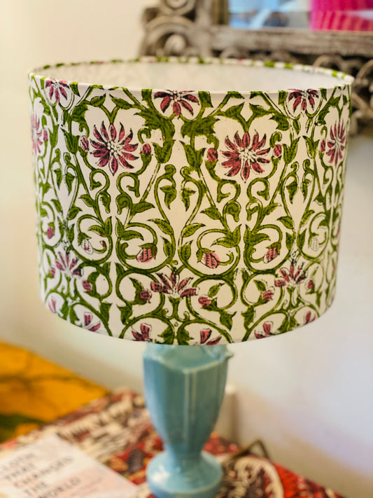 10 inch Drum Lampshade. Sanganeri Hand Block Print from Jaipur. Avocado and Taupe-y Pink Floral and Vine Motif.