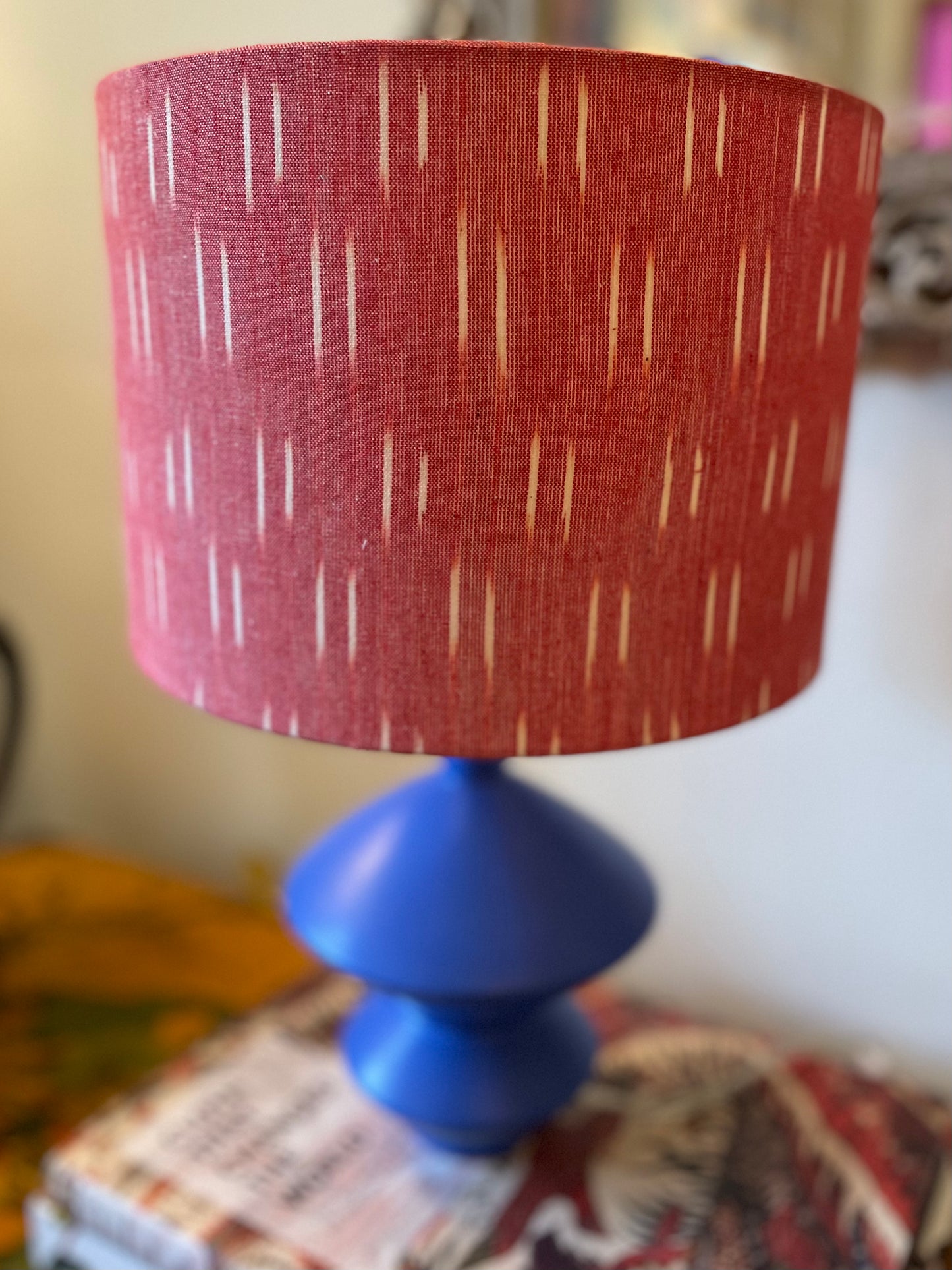 10 inch Drum Lampshade. Indian Pochampally Ikat Weave Cotton Fabric. Persimmon and Ecru.