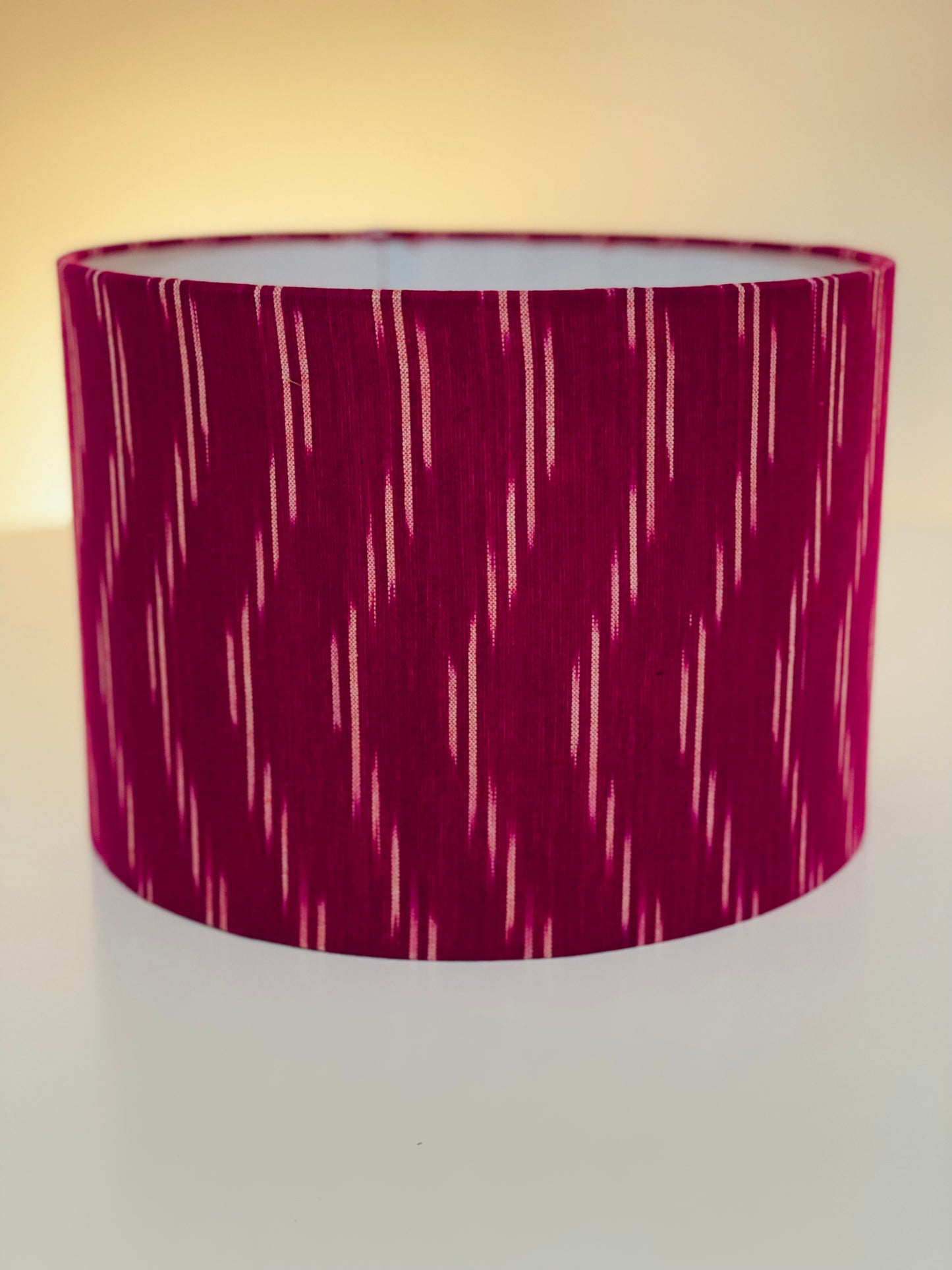 10 inch Drum Lampshade. Indian Pochampally Ikat Weave Cotton Fabric. Plum and Ivory.