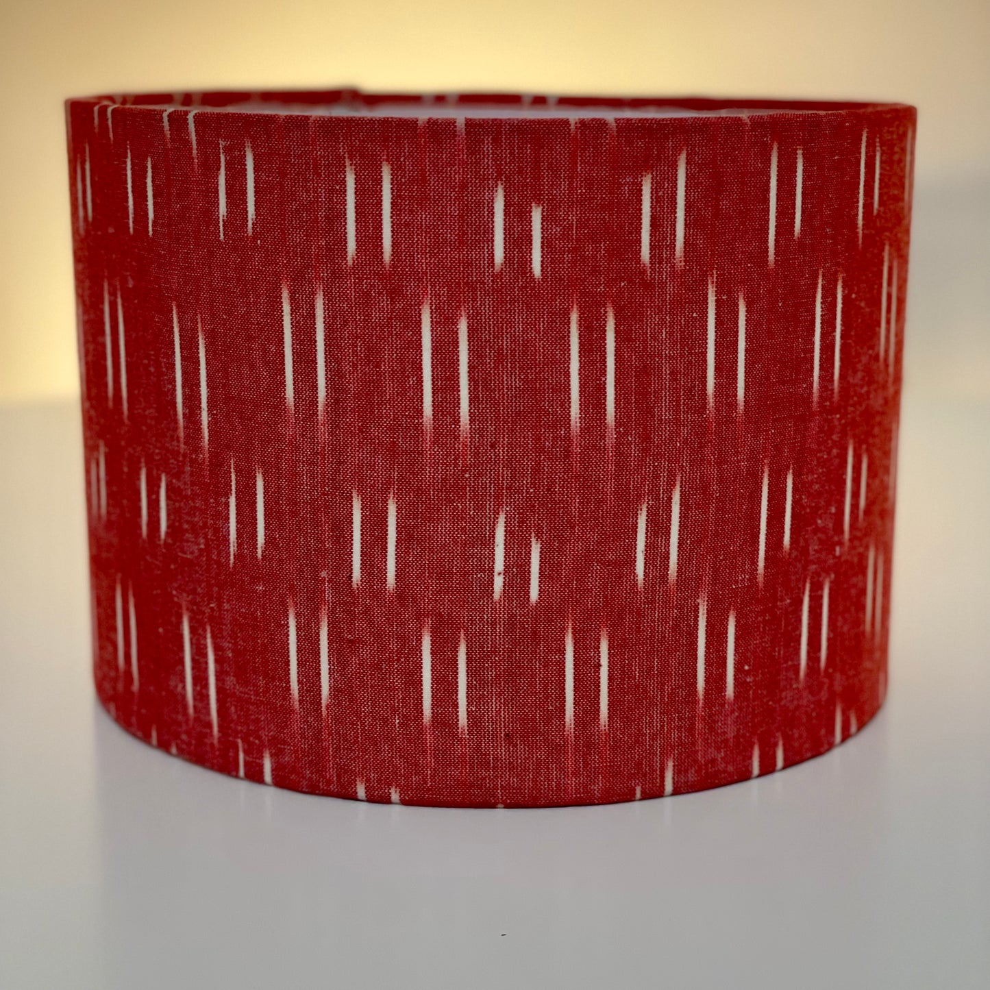 10 inch Drum Lampshade. Indian Pochampally Ikat Weave Cotton Fabric. Persimmon and Ecru.