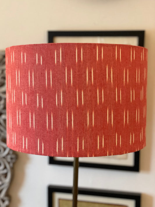 12 Inch Drum Lampshade. Indian Pochampally Ikat Weave Cotton Fabric. Persimmon and Ecru.