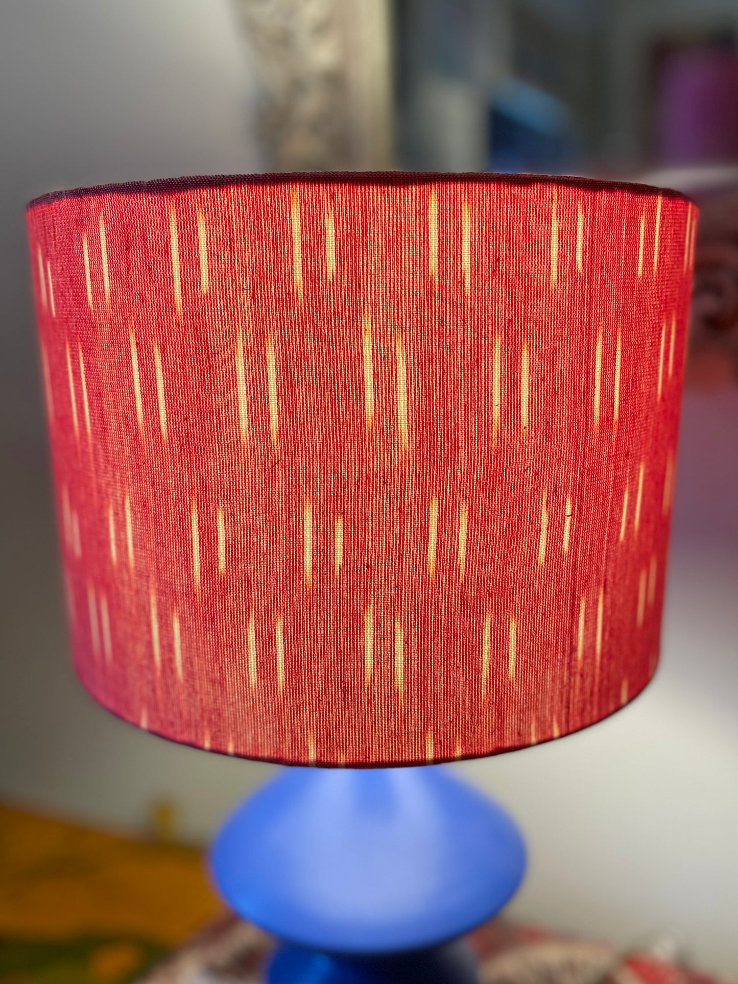 10 inch Drum Lampshade. Indian Pochampally Ikat Weave Cotton Fabric. Persimmon and Ecru.