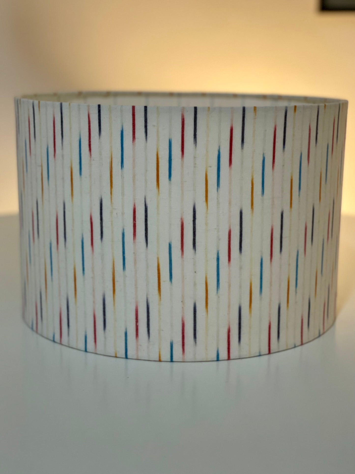 12 Inch Drum Lampshade. Indian Pochampally Ikat Weave Cotton Fabric. Multicolor and White.