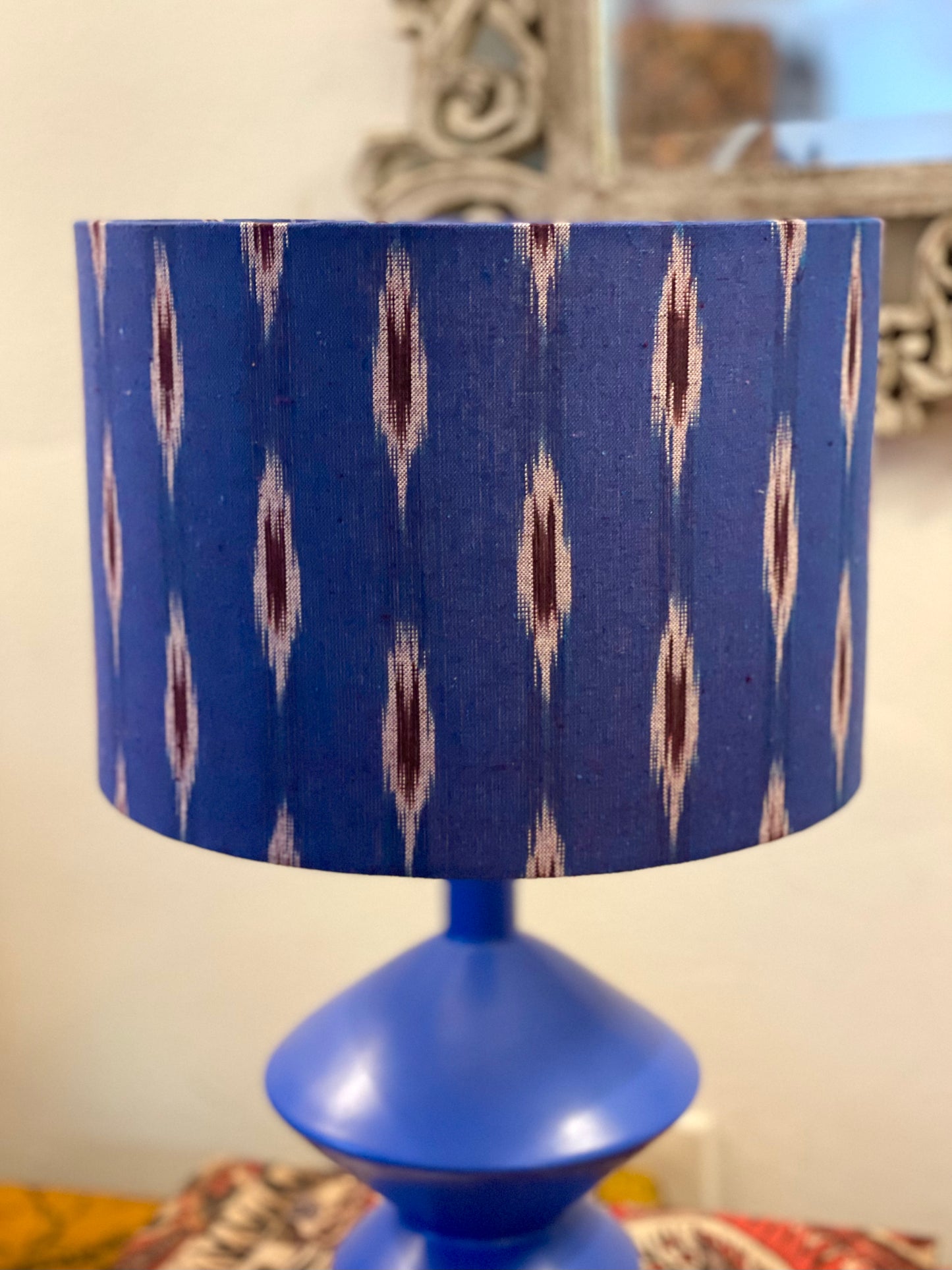 10 inch Drum Lampshade. Indian Pochampally Ikat Weave Cotton Fabric. Royal Blue with Licorice and White.