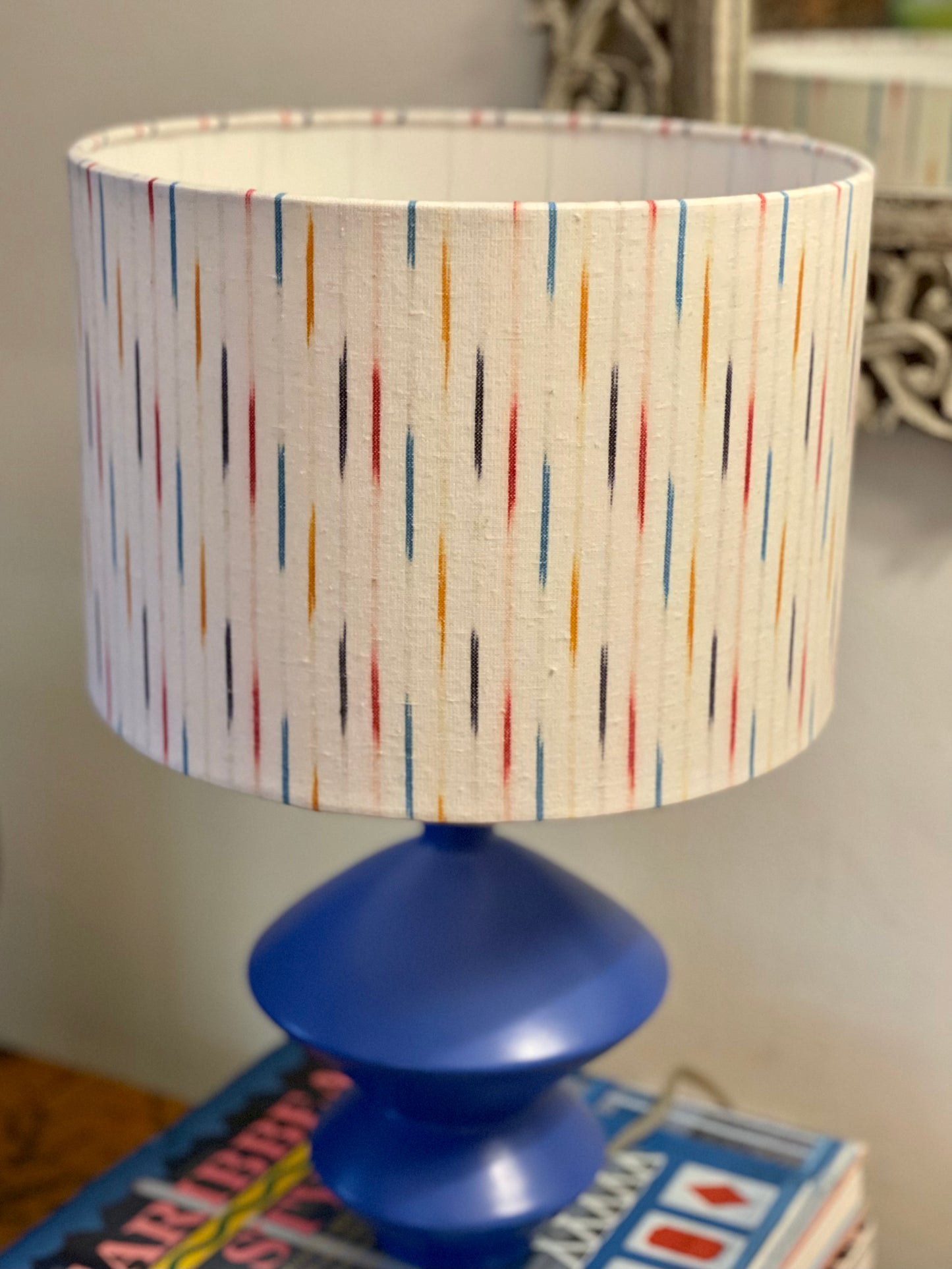 10 inch Drum Lampshade. Indian Pochampally Ikat Weave Cotton Fabric. Multicolor with White.