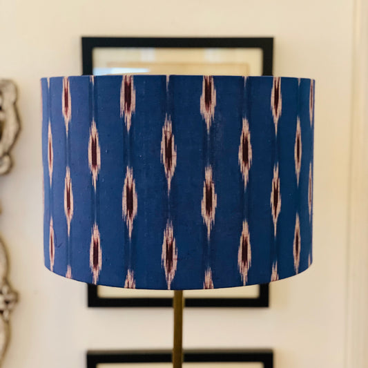 12 Inch Drum Lampshade. Indian Pochampally Ikat Weave Cotton Fabric. Royal Blue with Licorice and White.