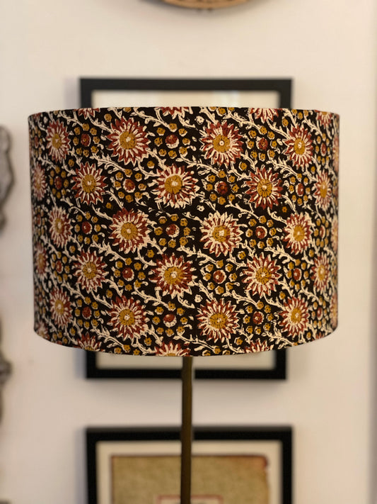 12 Inch Drum Lampshade. Hand Kalamkari Block from India. Smoky Black with Shades of Amber, Coffee, and Sepia.