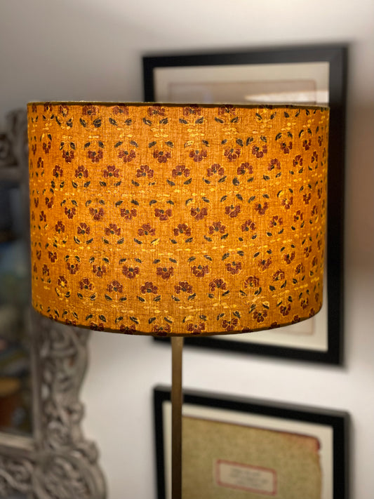 12 Inch Drum Lampshade. Turmeric Dyed Ajrak Hand Block Print. Turmeric with Saddle Brown and Black Floral Motif.