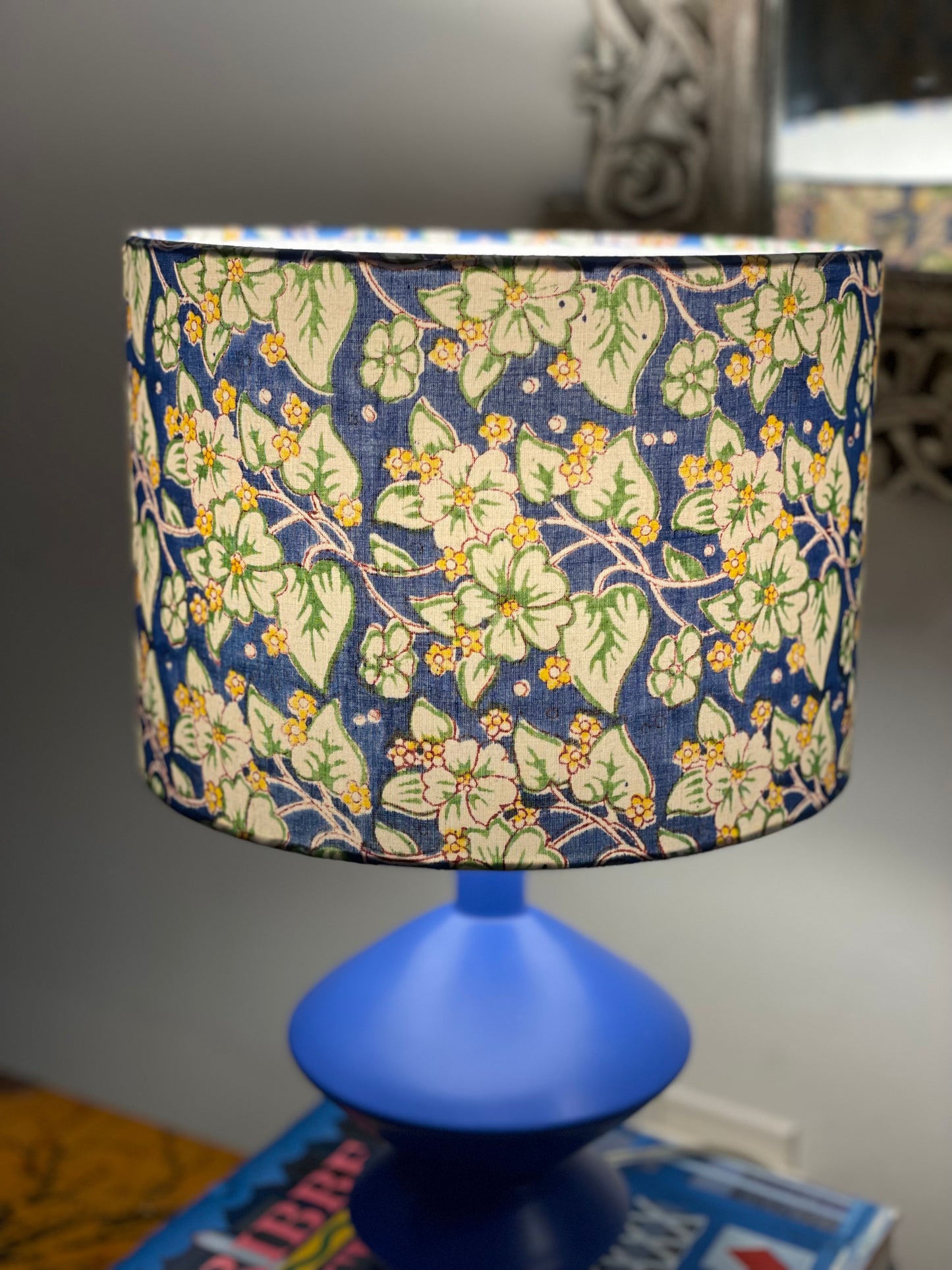 10 inch Drum Lampshade. Indian Hand Block Print. Cobalt, Banana Yellow, and Ivory Floral.
