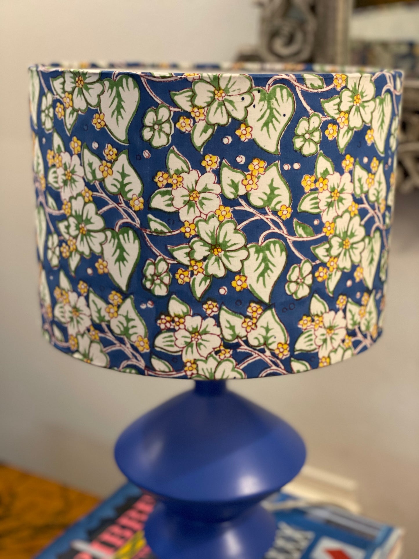 10 inch Drum Lampshade. Indian Hand Block Print. Cobalt, Banana Yellow, and Ivory Floral.