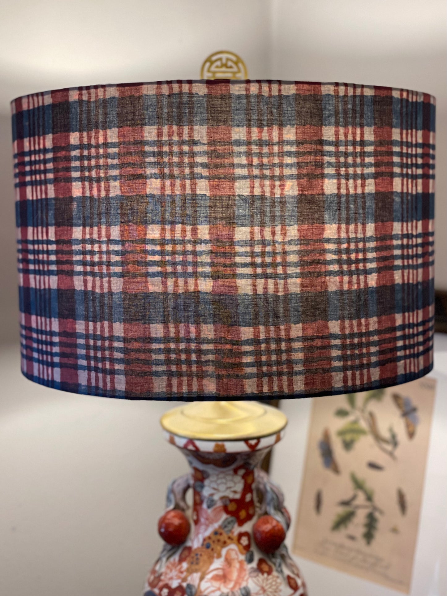 16 Inch Drum Lampshade. Indigo Hand Batik from India. Indigo, Faded Red, and Pale Taupe Plaid.