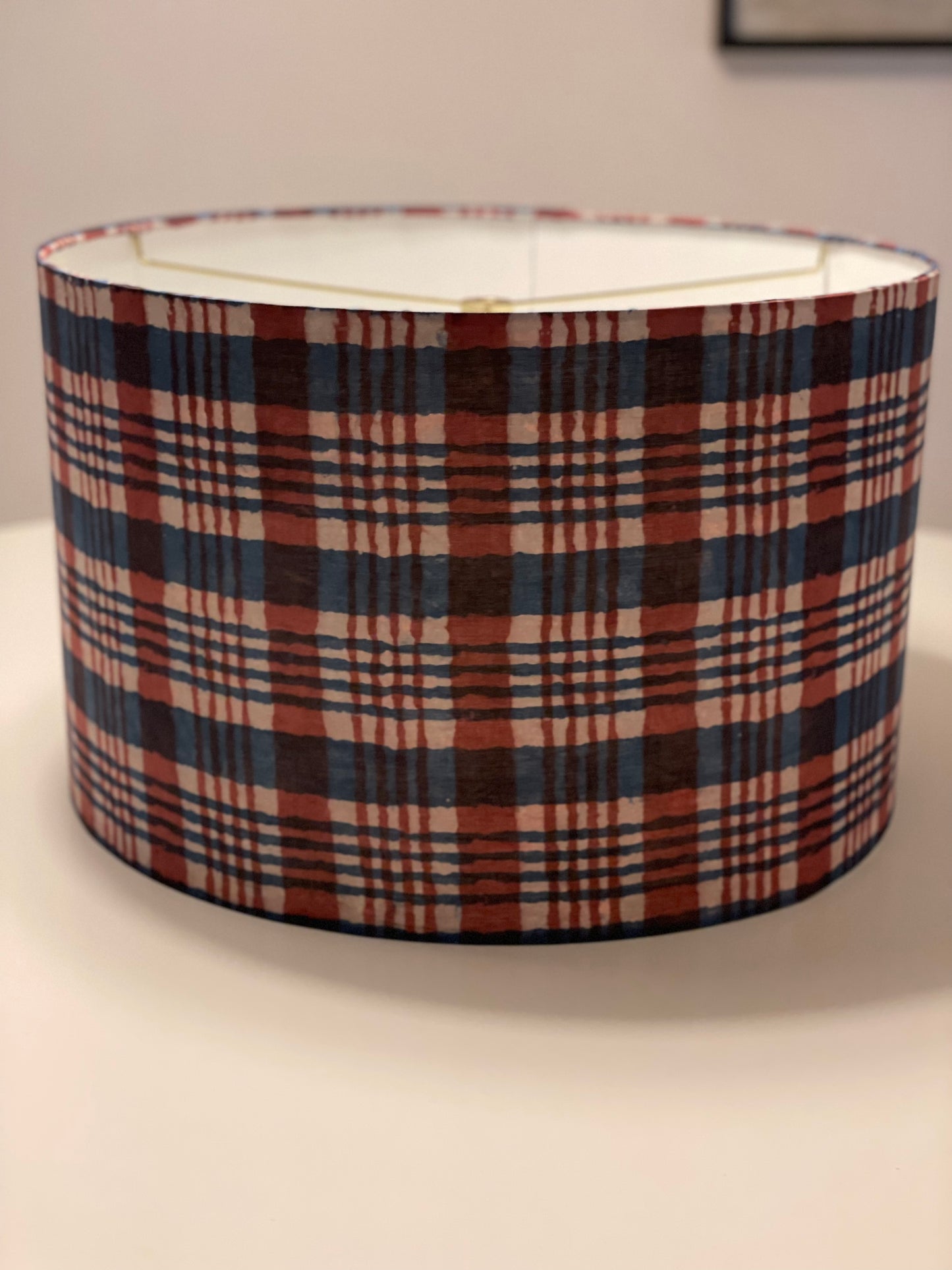 16 Inch Drum Lampshade. Indigo Hand Batik from India. Indigo, Faded Red, and Pale Taupe Plaid.