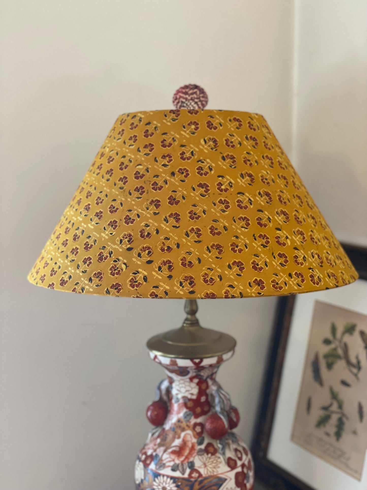 Large Conical Lampshade. Turmeric Dyed Ajrak Hand Block Print. Turmeric with Saddle Brown and Black Floral Motif.