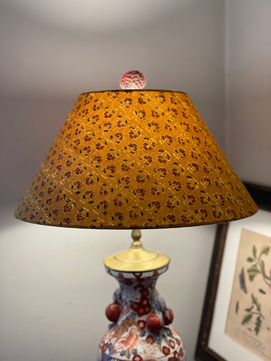 Large Conical Lampshade. Turmeric Dyed Ajrak Hand Block Print. Turmeric with Saddle Brown and Black Floral Motif.