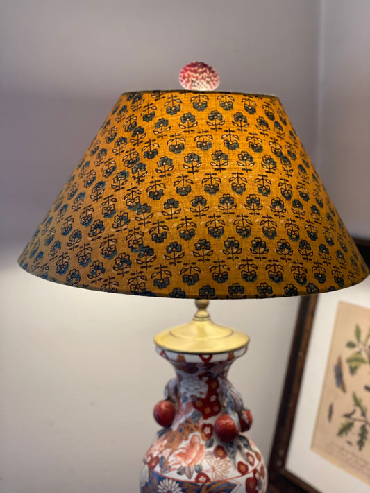 Large Conical Lampshade. Turmeric Dyed Ajrak Hand Block Print. Turmeric with Greyish-Blue and Dark Grey Floral Motif.